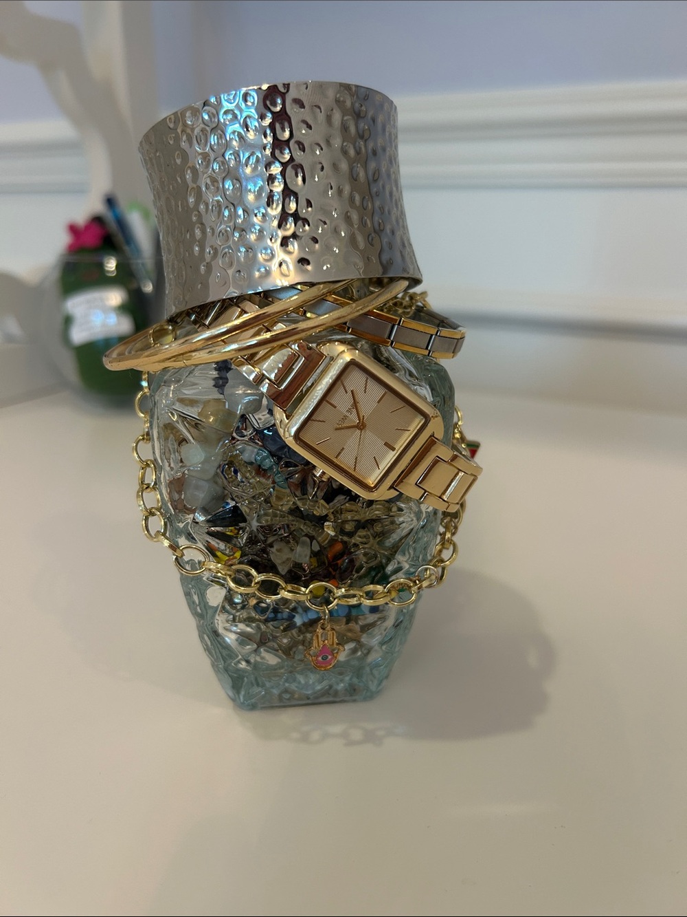 Gold Tone Square Face Bracelet Watch with Mixed Metal Bracelets